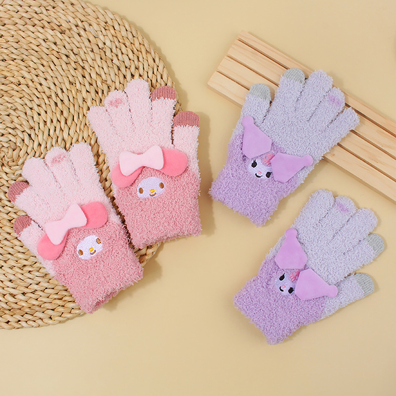 Cute Sanrio Kuromi Melody Gloves Plush Coral Winter Warm Gloves Pochacco Cute Gloves Student Cycling Five-finger Gloves Bayline.