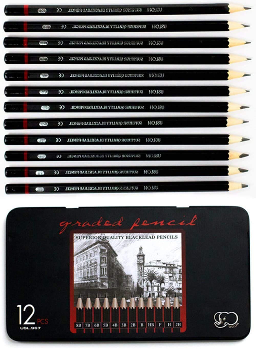 Drawing Pencils Quality Graphite Sketching Pencils in Hard iron box 8B-2H.