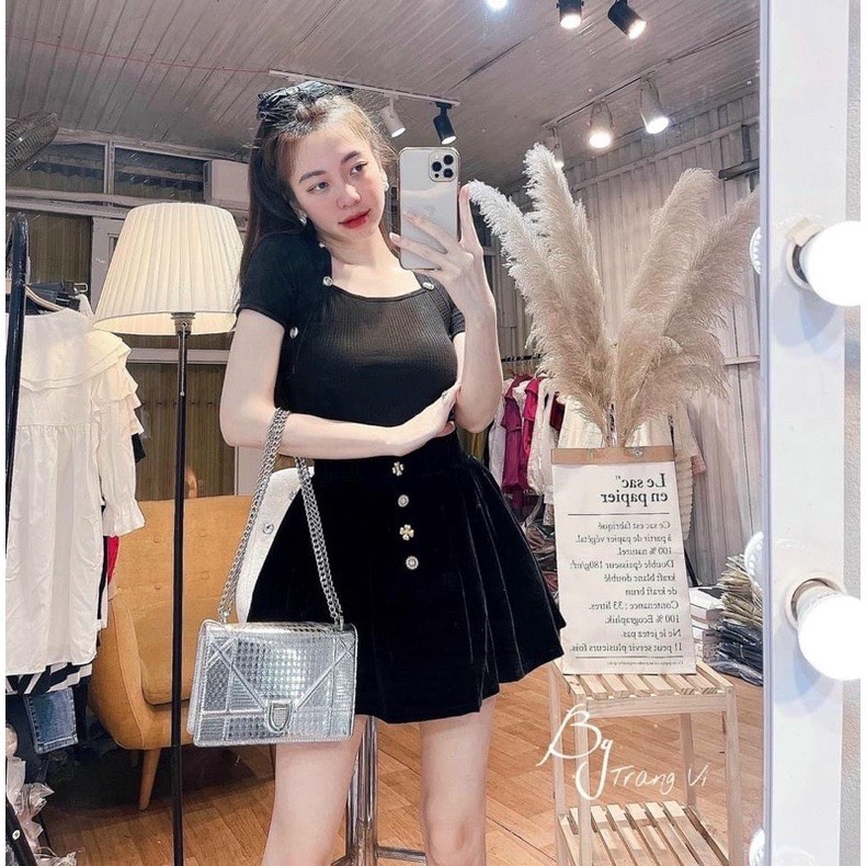 Áo zip cổ vuông đính khuy đá cao cấp