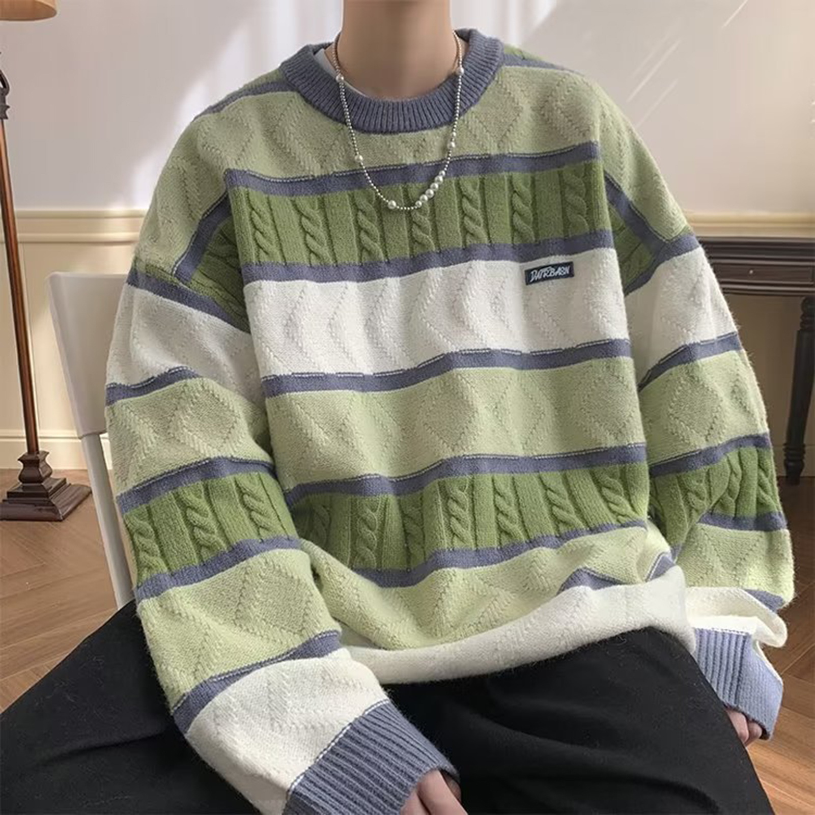 Men Sweater O-neck Knitting Pullover Men's Thick Striped Sweater Casual Winter Pullover with O-neck and Long Sleeves less Than