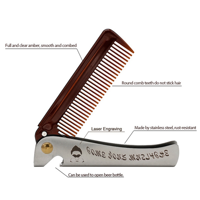 2 Pcs Brown Men Folding Pocket Comb PP Teeth Detangling Hair Beard Comb Metal Handle Foldable Combing Mustache Comb