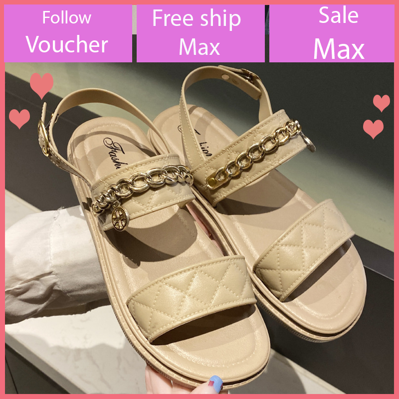 [Hoàn Tiền 15%]Giày sandal nữ 2 quai ngang đế bằng học sinh hàn quốc thời trang dạo phố phối xích V310