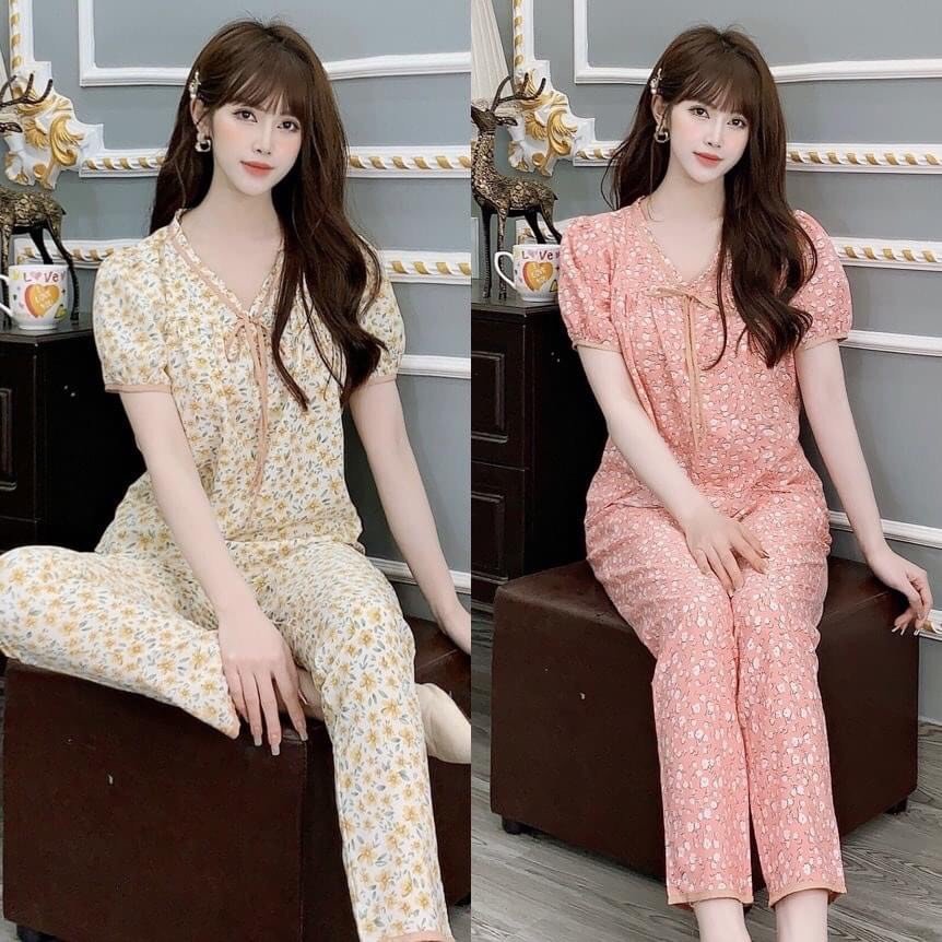 Set bộ lụa hoa nhí 100D cổ tim đính nơ mặc nhà dễ thương