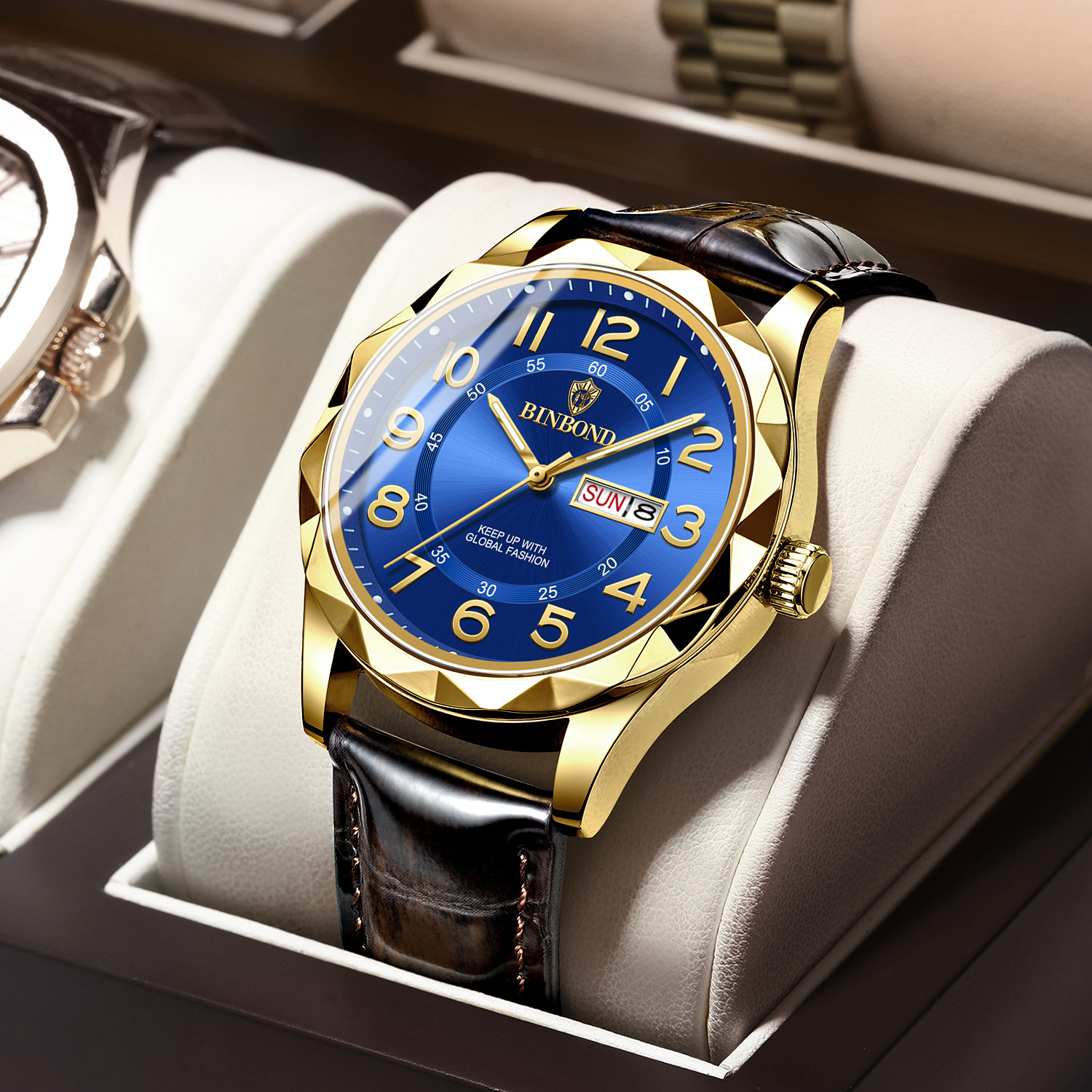 BINBOND Mens Watches Fashionable Luminous Waterproof Calendar Display Handsome Strap Business Fashion Quartz Clock