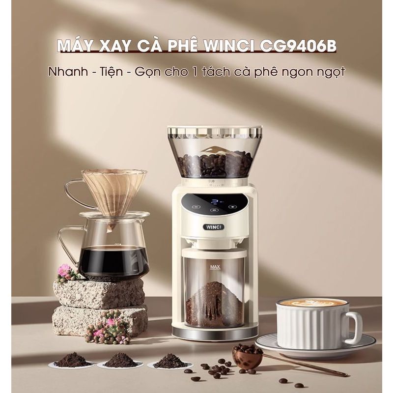 Máy xay hạt cà phê Winci CG9406B, 35 chế độ xay, Bảo hành 12 tháng.