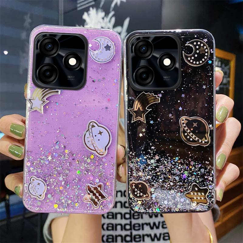 Phone Cover itel P55 4G Sparkling Soft Transparent Silicone Space Planet Stars Moon Girl Anti Fall Case for itel P55 NFC Back Cover.
