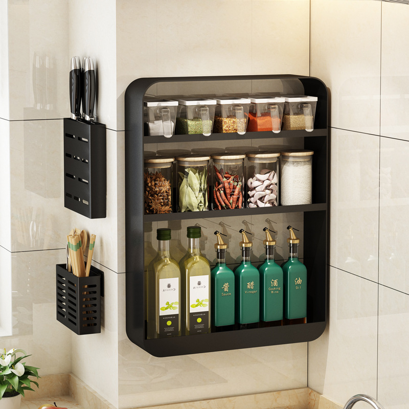 Kitchen shelves, spice racks, wall-mounted, non-perforated, wall-mounted multi-layer household storage shelves, condiment storage hangers