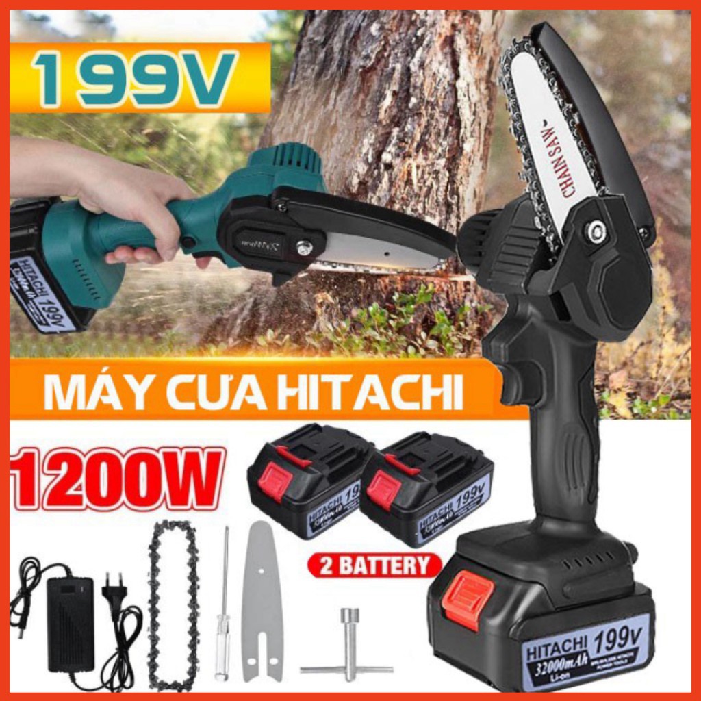 Máy cưa xích dùng pin cầm tay hitachi 199v - máy cưa xích hitachi - cưa xích chạy pin - pin 10 cell - lõi đồng 100% bh 6