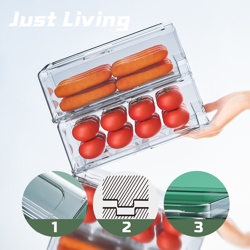 JustLiving Hộp Sắp Xếp Tủ Lạnh Ngăn Kéo Có Thể Xếp Chồng Hộp Đựng Thực Phẩm Trong Tủ Lạnh Thú Cưng Hộp Đựng Tủ Đông Giữ Tươi Tủ Lạnh Hộp Đựng Thực Phẩm Nhà Bếp