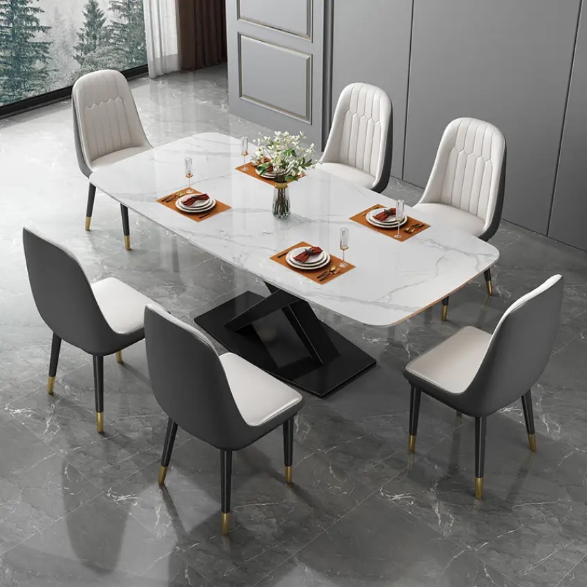 Bàn ăn mặt đá ceramic bóng chân chéo kết hợp ghế Monet, bàn ăn mặt đá 1m2 4 ghế, 1m4 4 ghế, 1m6 ghế ghế, 1m8 8 ghế, bộ bàn ăn mặt đá hiện đại