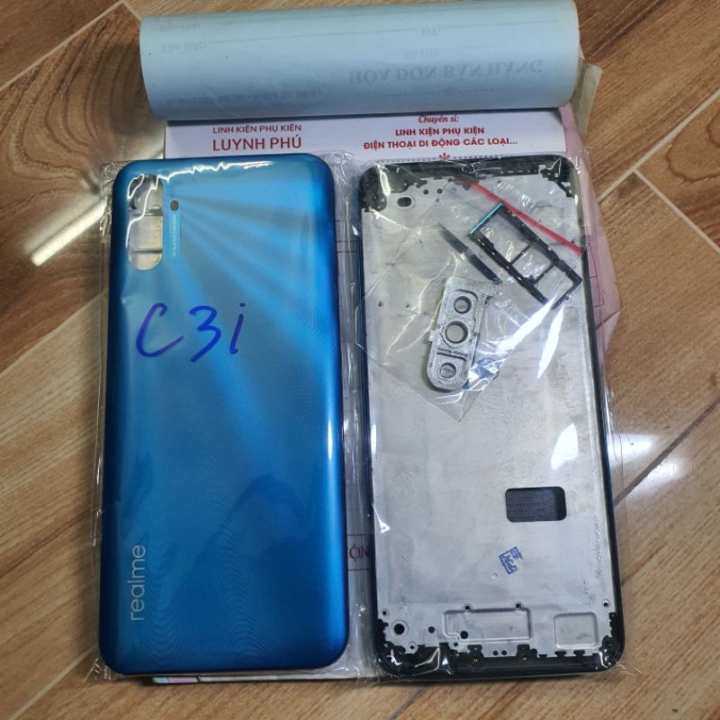 Vỏ realme c3i bộ(gồm vỏ máy có kính camera+sườn benzen+khay sim)