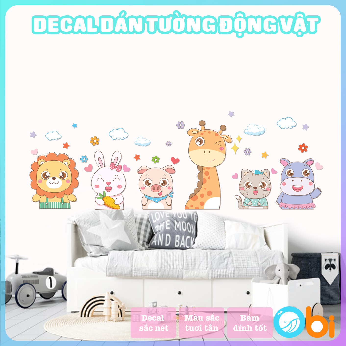 Decal dán tường cho bé  - Decal động vật vui vẻ Obi
