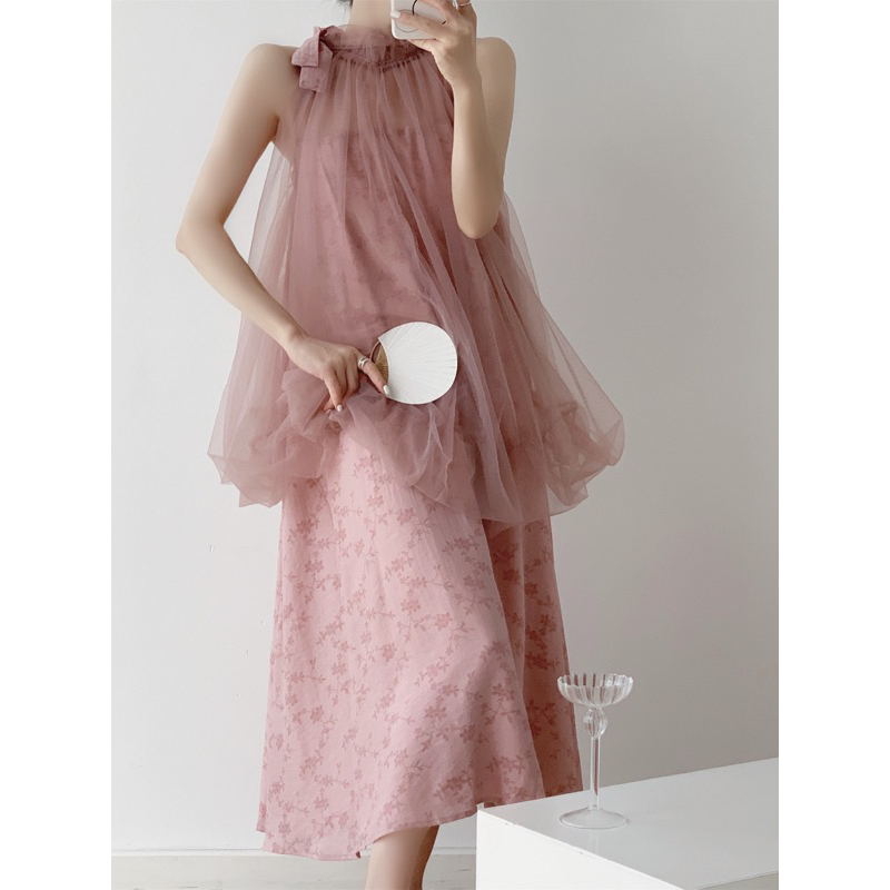 Đầm xòe cổ phong bản màu hồng Romance