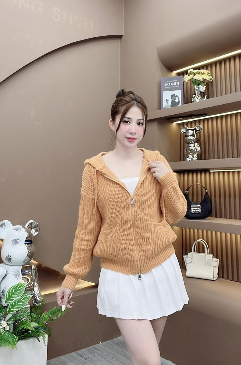 Áo khoác len nữ dây kéo phối túi có nón len dày đẹp nhiều màu
