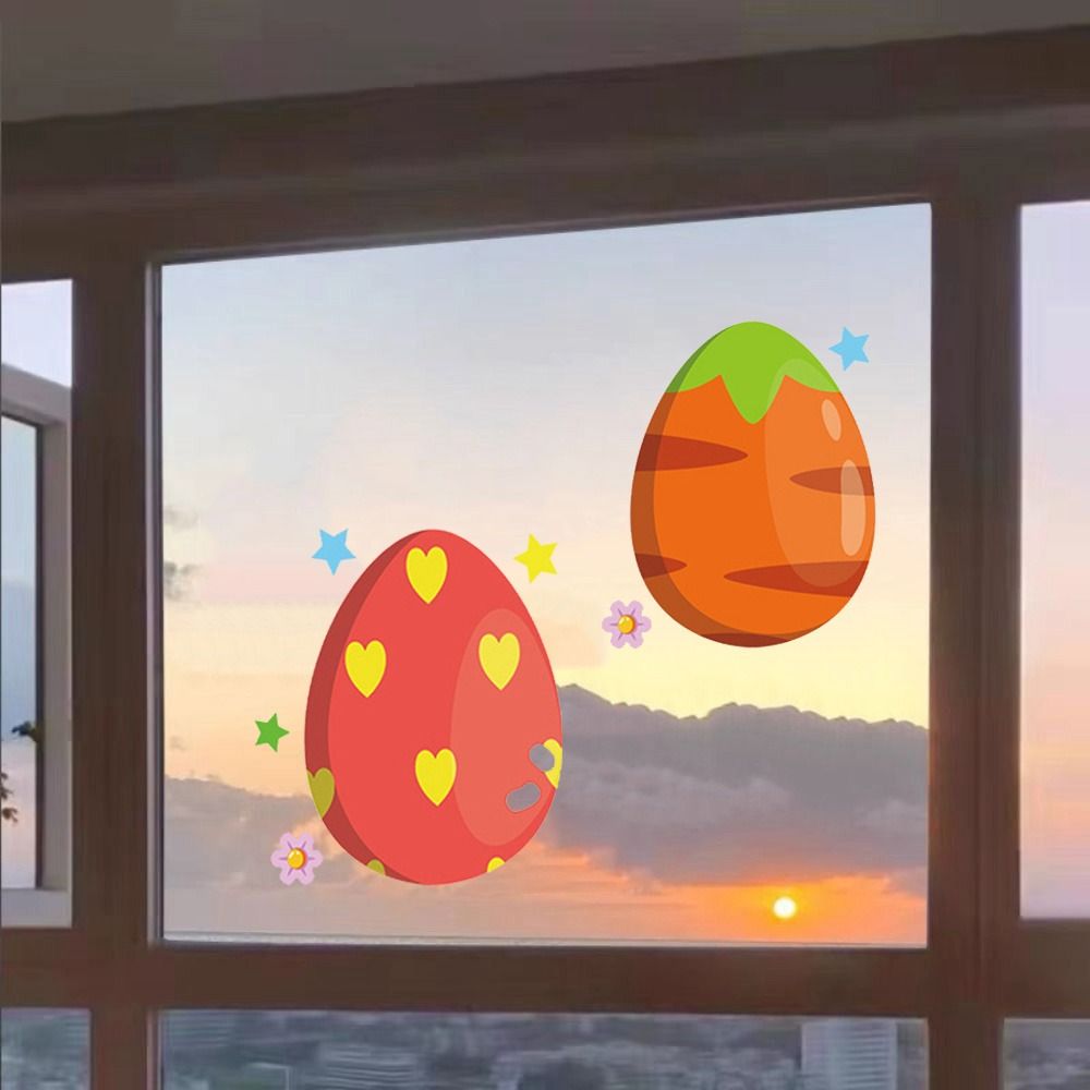HIROCHAO Plastic Cartoon Easter Egg Window Stickers Static Decorative Easter Window Door Stickers Creative Colorful Carrot Egg Wall Sticker Home