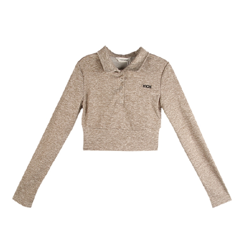 Laz Nigori women's t-shirt polo collar cropped long-sleeved T-shirt Y2K style T-shirt European and American style T-shirt