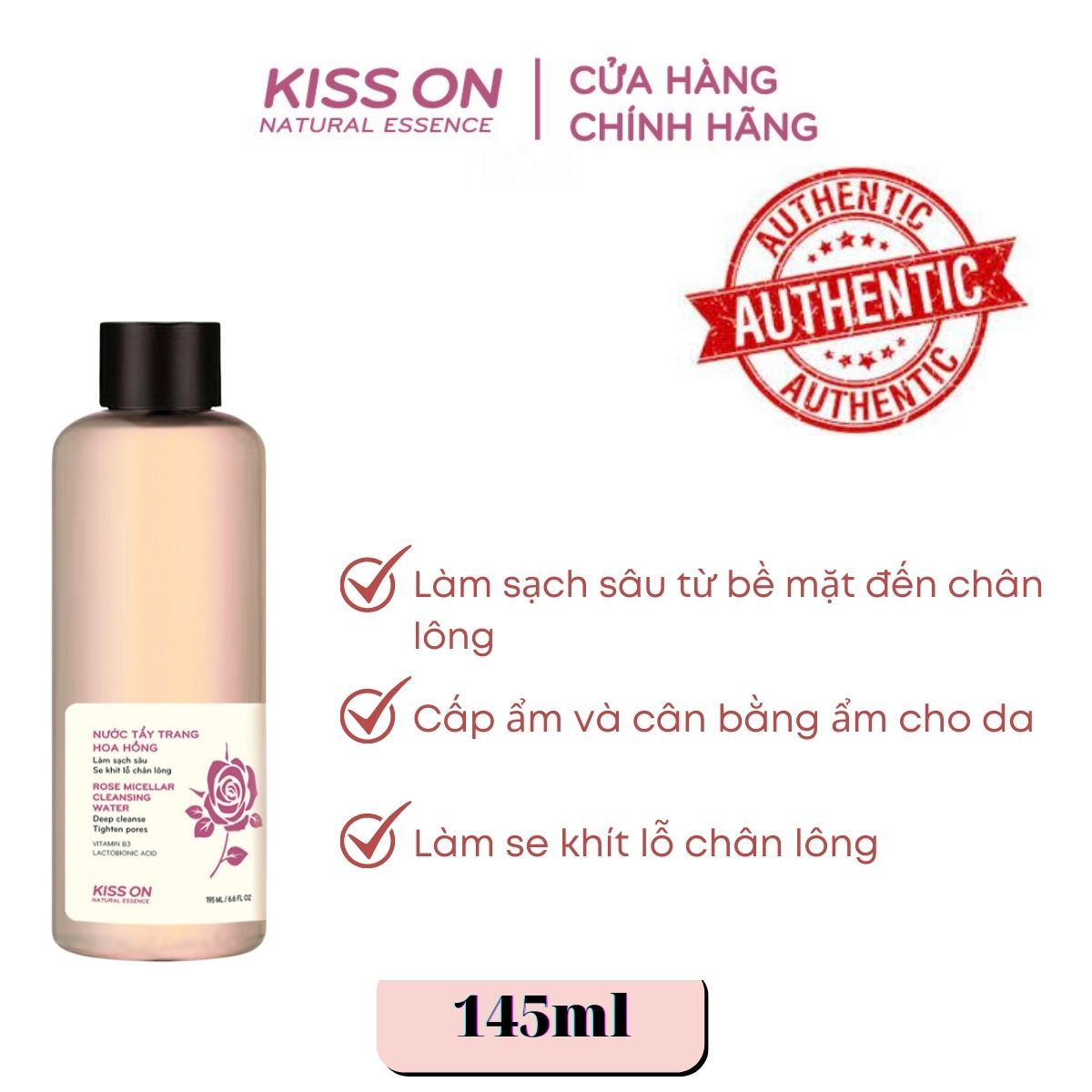 Nước tẩy trang dịu nhẹ từ tinh dầu hoa hồng tự nhiên làm sạch sâu, cân bằng ẩm và se khít lỗ chân lông KISSON 195ml