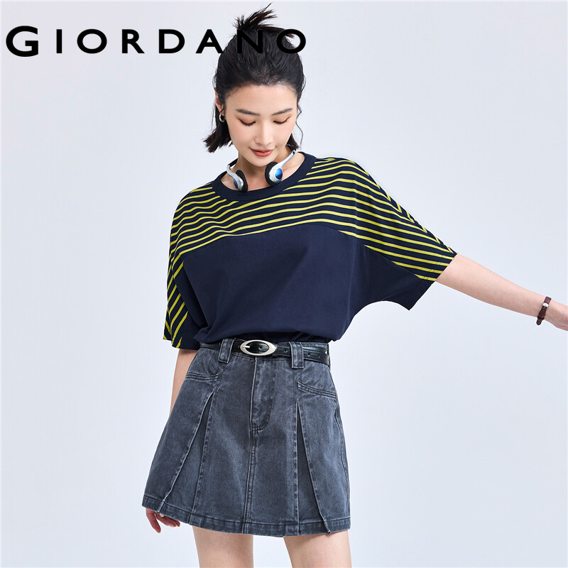 GIORDANO Women T-Shirts Patchwork Stripe Kimono Sleeve Tee Crewneck Simple Relaxed Summer Fashion Casual Tshirts 18324615