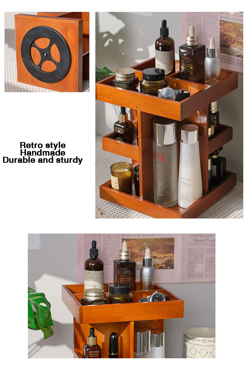 Vintage Desktop Rotating Multi-Layer Cosmetic Organizer Wooden Multi-Layer Perfume Display Rack Storage Shelf