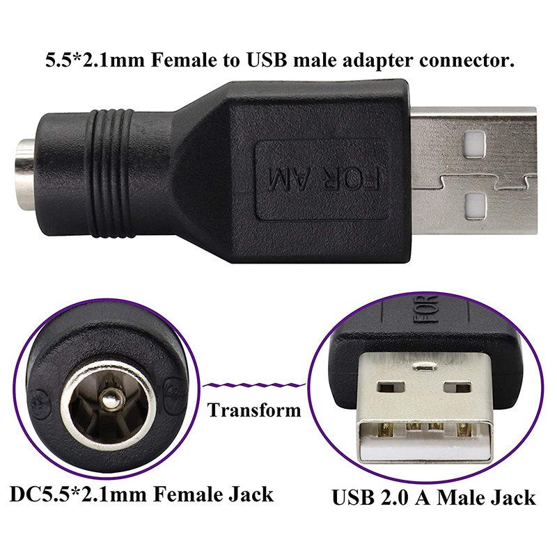 Đầu đổi nguồn USB AM sang DC 5.5x2.1mm cổng cái - hoặc ngược lại DC 5.5x2.1mm cái ra USB đực 1 chiếc