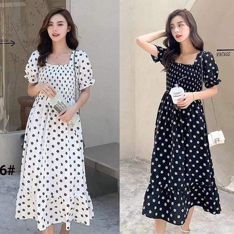 plus size dress casual floral maxi square neck chiffon black white korean  fashion elegant long dress for women