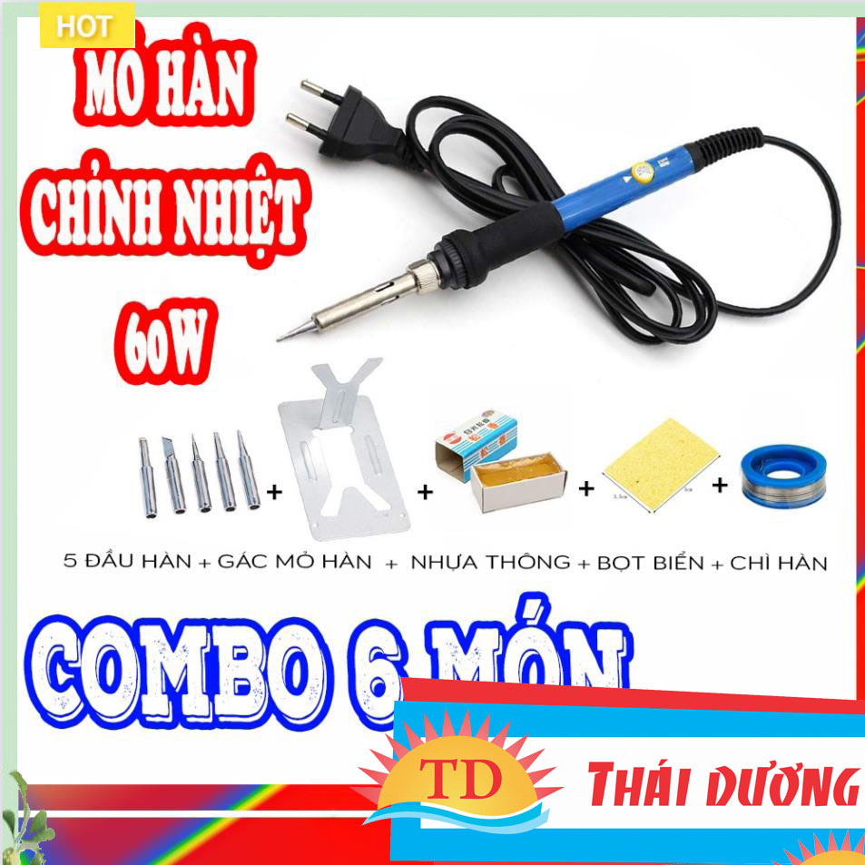 Giá sỉ combo máy hàn chỉnh nhiệt 60w , 5 mũi hàn , nhựa thông , chì hàn , gác mỏ hàn , bọt biển