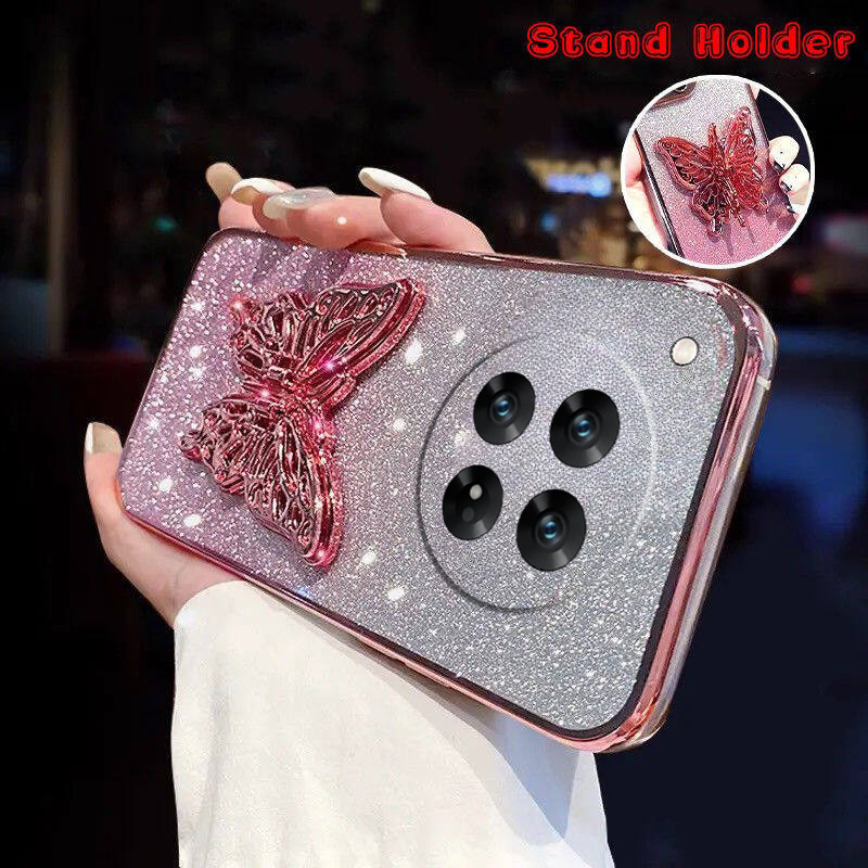 For Redmi 14C Case with Cute Butterfly Stand Luxury Slim Gradient Clear Plating Glitter Girls for Xiaomi Redmi 14C Back Cover.