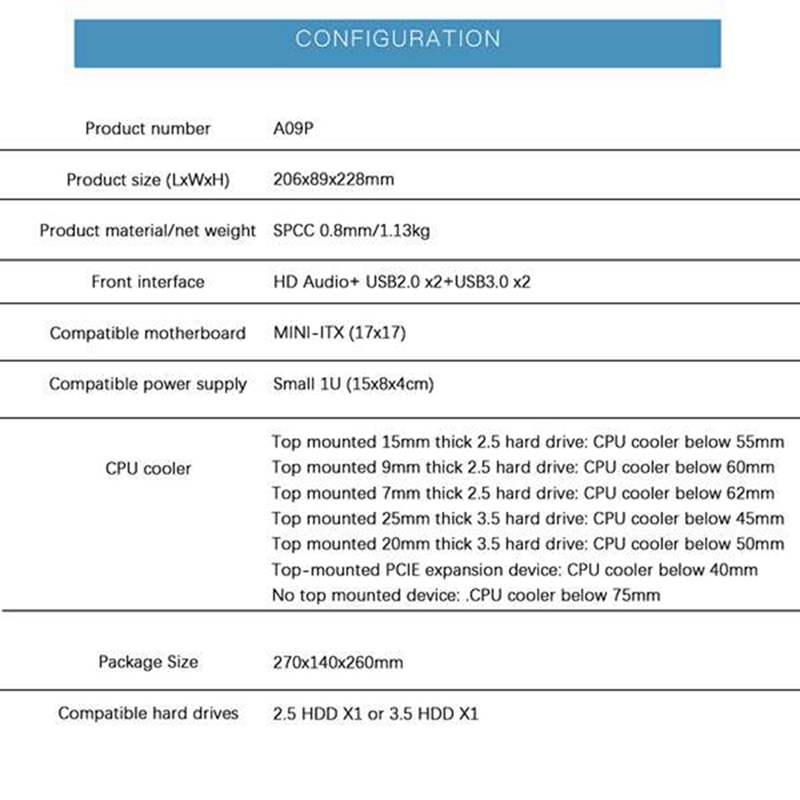 A09P 4.2L Mini Itx Case Desktop Mini Itx Case Htpc Chassis Game Computer Can Stand or Lie Down for Small 1U Power Supply