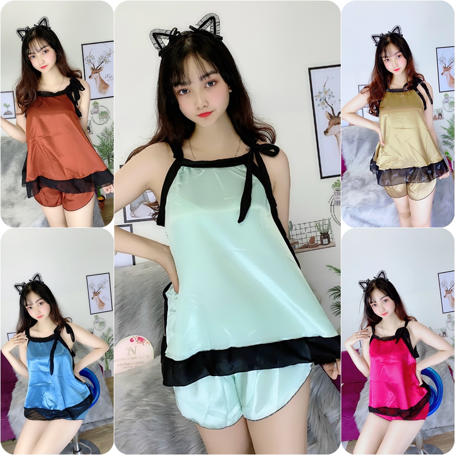 SET ĐỒ NGẮN PHỐI REN CỘT NƠ VẢI PHI LỤA MỀM MẠI,FREESIZE DƯỚI 57KG