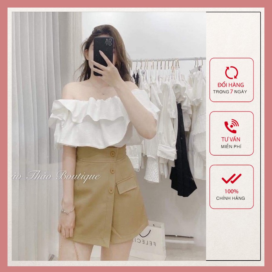 Áo croptop trễ vai 2 tầng cộc tay bồng bánh bèo áo trắng trần năng động