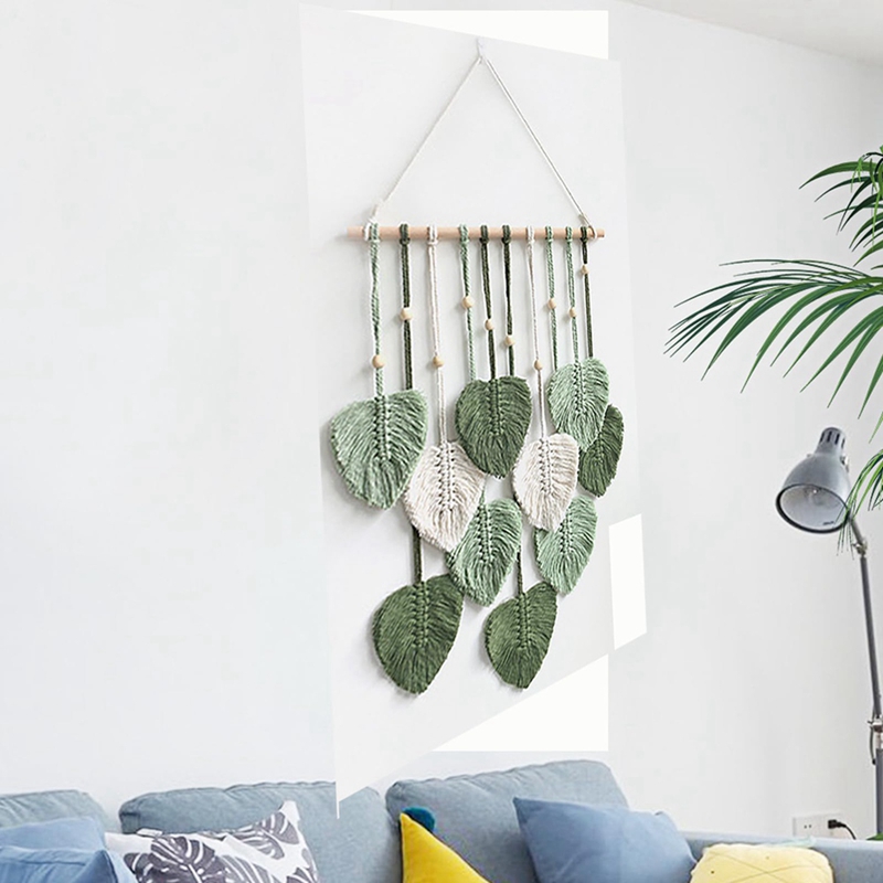 Chic Feather Boho Macrame Wall Decor Handmade Yarn Tassels Woven Wall Art Leaf Tapestry Decoration