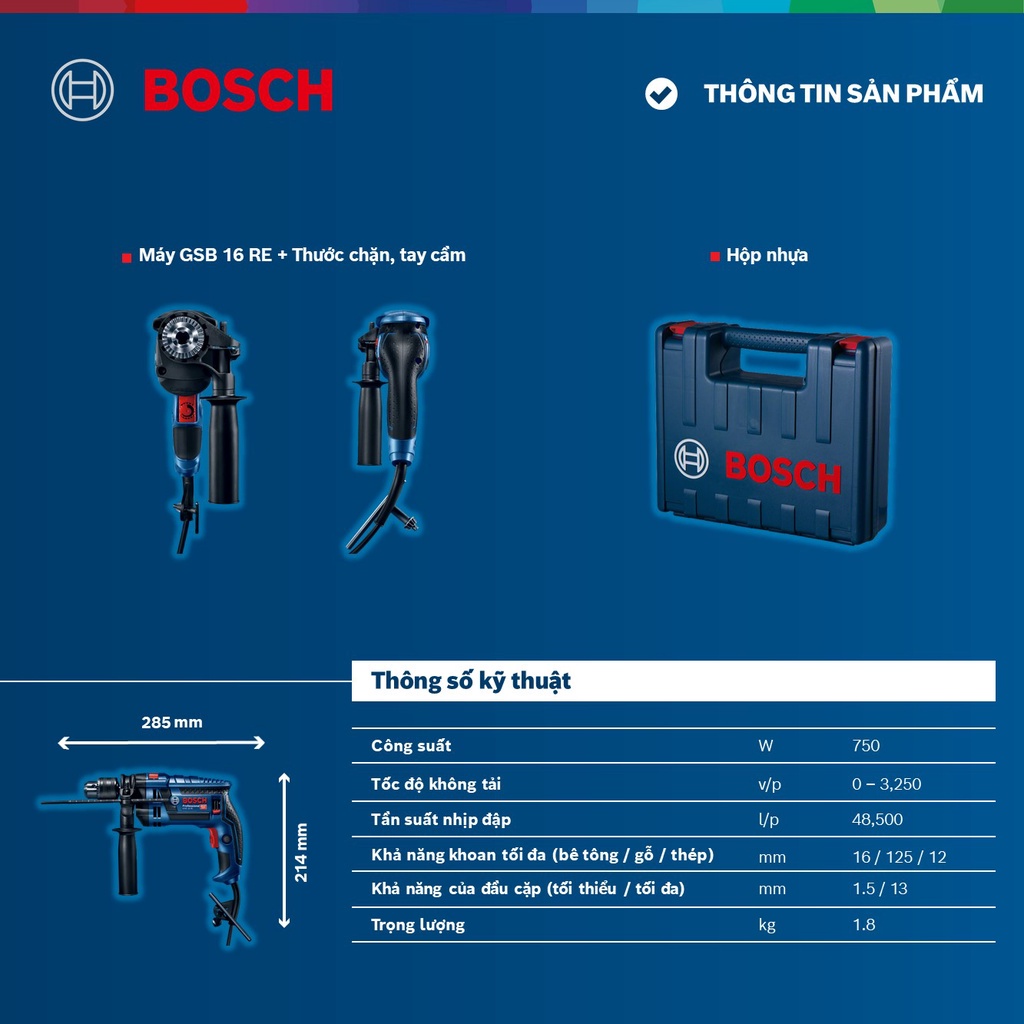 Máy khoan động lực Bosch GSB 16 RE (Hộp nhựa)
