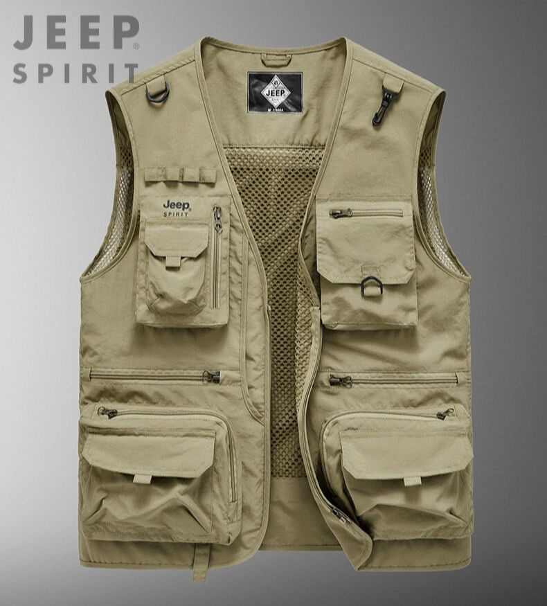 JEEP SPIRIT Vest Men's Multi-pocket Vest Jacket Vest Vest Outdoor Work Vest  Fishing Vest Reporter Vest Ultra-thin