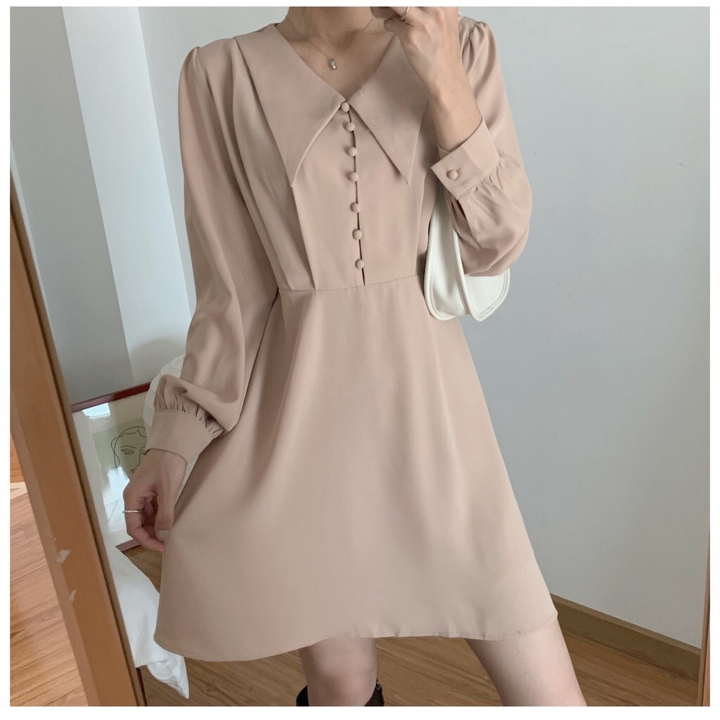 Minz Dress - Đầm tay dài cổ V nút bọc