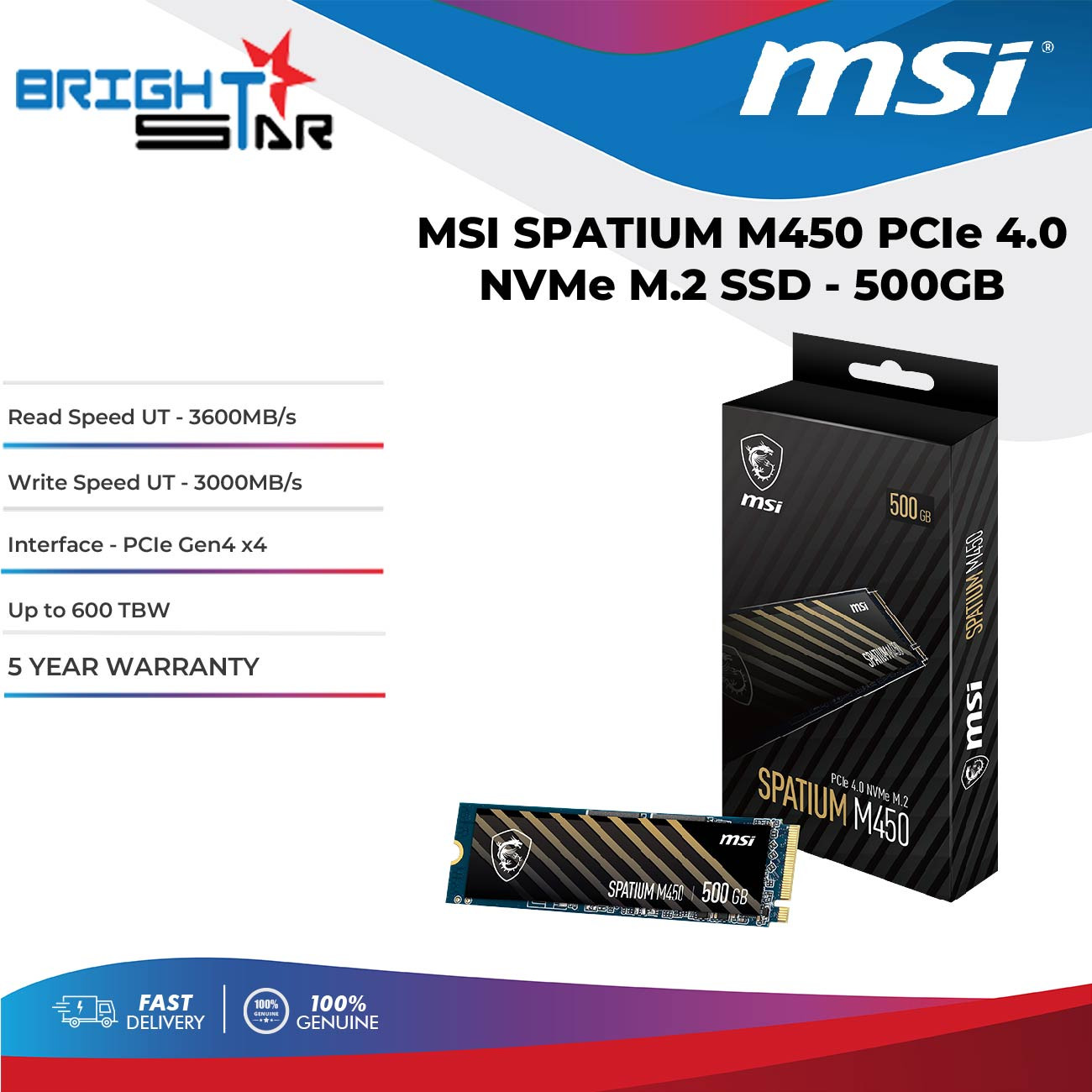 MSI SPATIUM M450 PCIE NVME SSD 500GB Read UT 3600MB/s Lazada