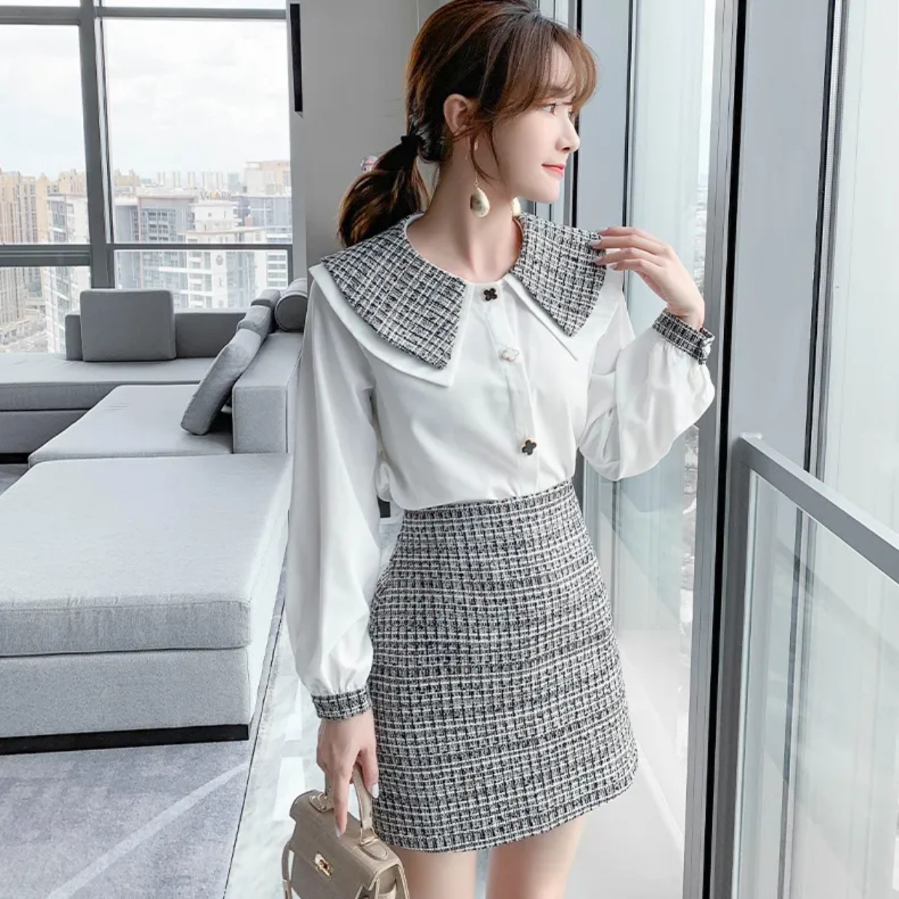 Sét Váy Sơ Mi Dạ Tweed Trắng Đen Hàng Quảng Châu