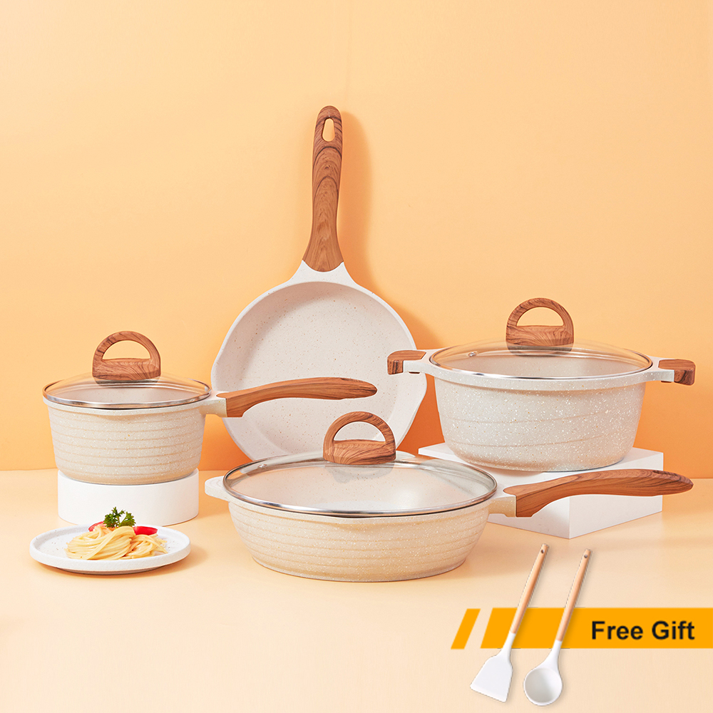 【FREE Spatula & Ladle】JEETEE White Granite Non Stick Induction Cookware
