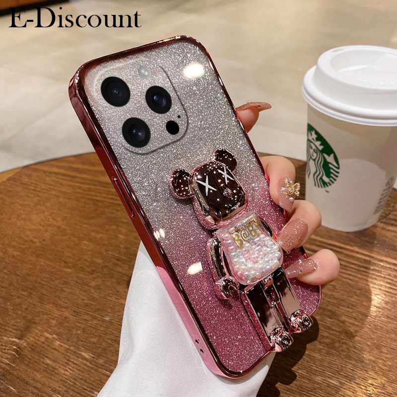New Phone case iPhone 16 Pro Back cover with Cartoon 3D Bear Stand Luxury Slim Gradient Plating Glitter Girls Stylish For iphone16 Pro + Max case. 