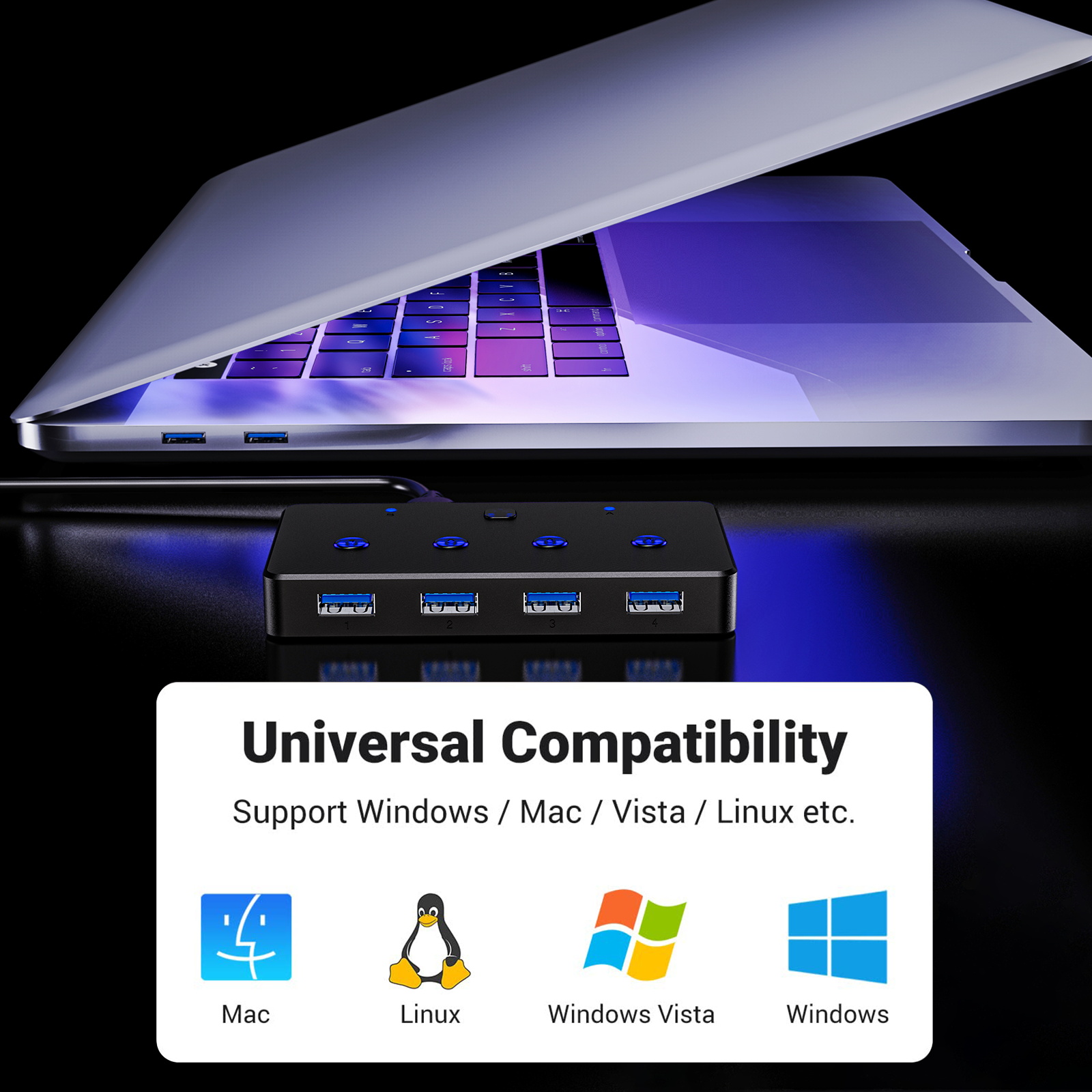 ACASIS USB 3.0 Sharing Switch, 2 Computers 4-Port USB Peripheral Switcher Adapter Box Selector for PC, Printer, Scanner, Mouse, Keyboard with One-Button Swapping 2 IN 4 Out KVM Switch