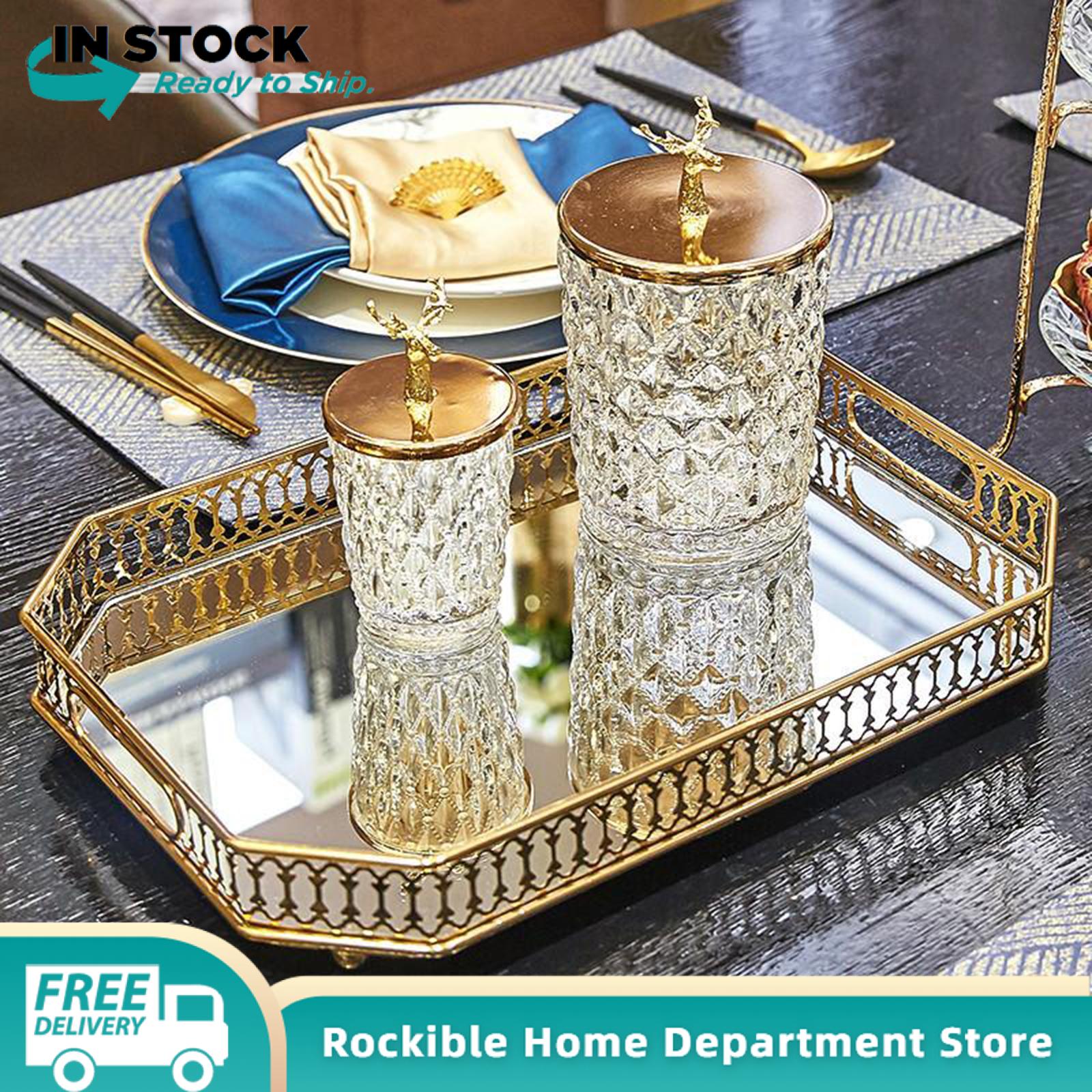 Rockible Home Bathroom Decorative Storage Tray Food Serving Plate Fruit Snack Tray Box Makeup Vanity Metal Mirror Room Dressers Trays