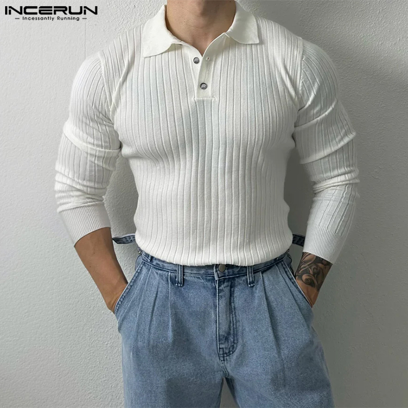 INCERUN Mens Long Sleeve Formal Casual Lapel Tops Leotard Plain Knitted Sweater Button Up Pullover (Korean Style)