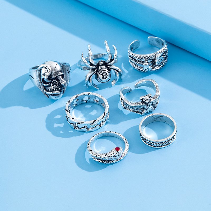 Men's Metal Finger Ring Set Of 7 Vintage Aged Spider Snake Bat Skull ...