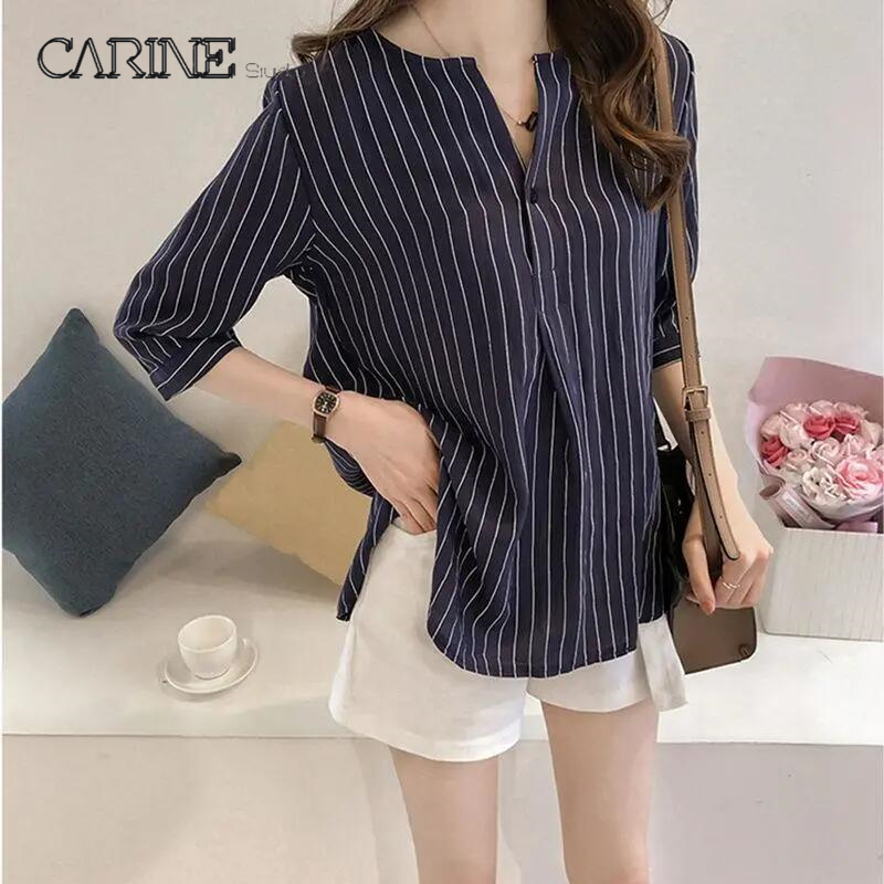 CARINE Short-sleeved Korean Round Neck Loose Striped Shirt Women's New Casual Top Women