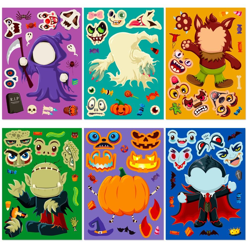 MMLUCK Make Your Own Devil Halloween Face Change Sticker Decorative Sticker DIY Sticker Toy Halloween Make a Face Sticker 6 Sheets/Set Dress Up Educational Toys