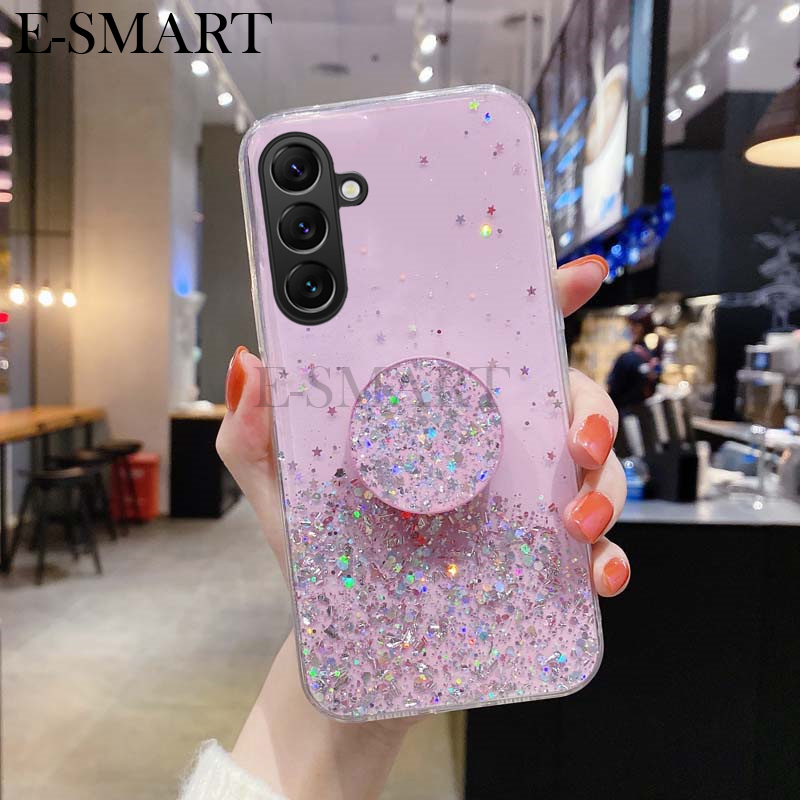 Phone Cover Samsung M35 A35 Back case Glittering Soft Stars Moon Sequins Folding Stand Transparent Silicone Anti Drop For Galaxy A35 M35 Phone cases.