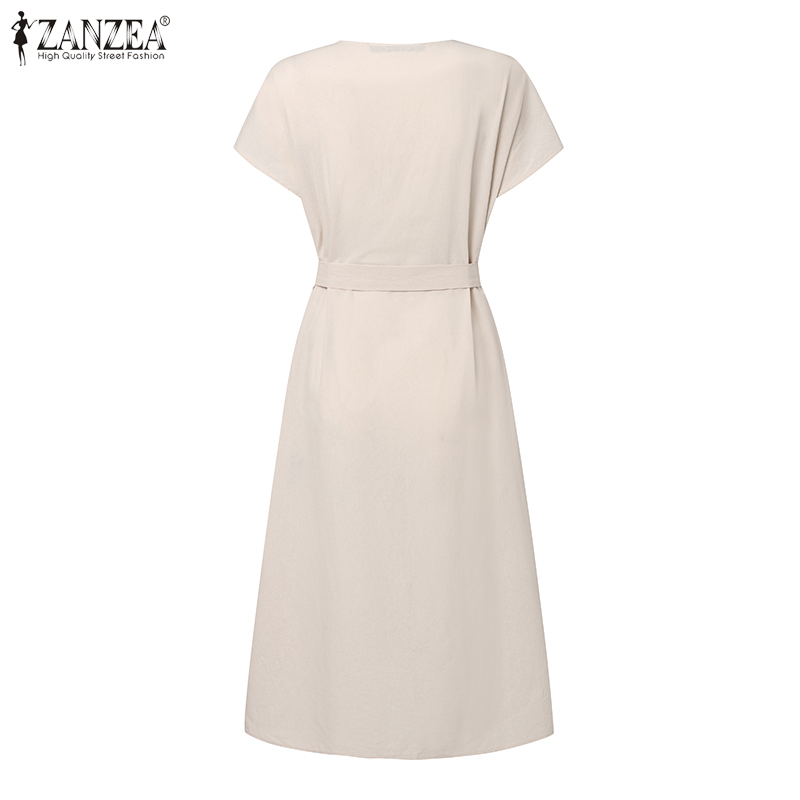 ZANZEA%20Women's%20Dresses%20Vintage%20Casual%20Cotton%20Linen%20Short%20Sleeve%20V-Neck%20Belted%20Plain%20Loose%20Midi%20Dress%20-%20Image%206