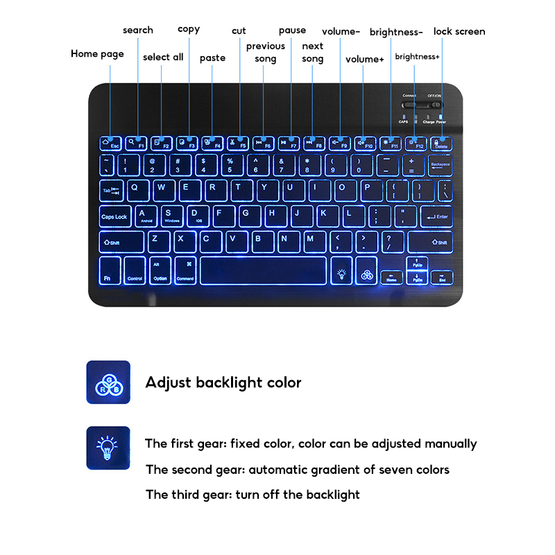 RGB đèn nền nhiều màu Bàn Phím Cho Máy Tính Bảng Ipad PC IOS Android Cửa Sổ Bluetooblo-Tương Thích Có Thể Sạc Lại 10Inch Bàn phím không dây