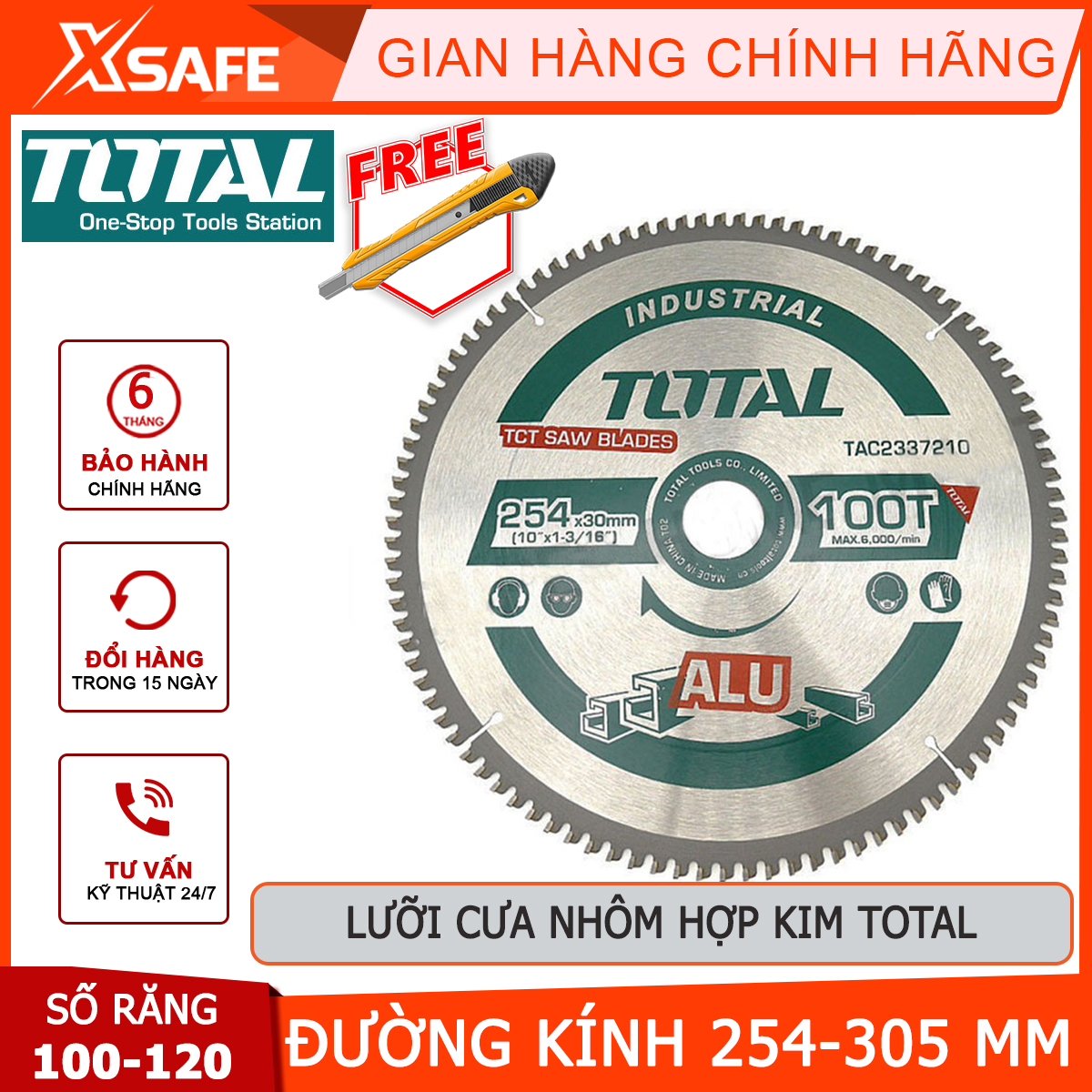Lưỡi cưa nhôm total | lưỡi cưa nhôm hợp kim tct, số răng: 100-120 kiểu răng cưa: tct, dùng để để cắt/cưa gỗ linh hoạt, nhanh chóng và hiệu quả