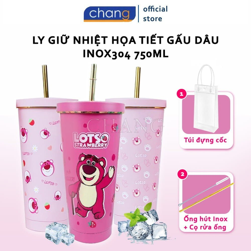 Ly giữ nhiệt gấu dâu lotso 750ml, bình giữ nhiệt inox 304 12h tặng kèm ống hút