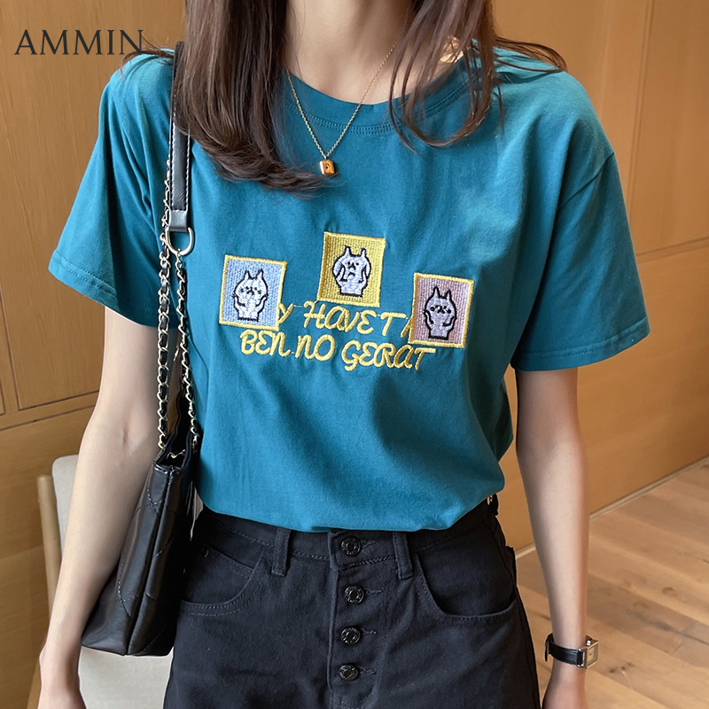 AMMIN 2023 summer new personality cartoon rabbit embroidery creative design short-sleeved T-shirt women's simple round neck Korean style casual blouse female ins tops